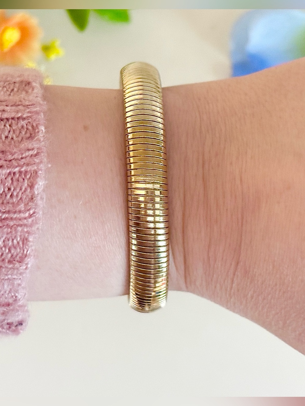 Signed Gold Ribbed Gas Pipe Coil Flexible Stretch Omega Bracelet-Women’s Jewelry